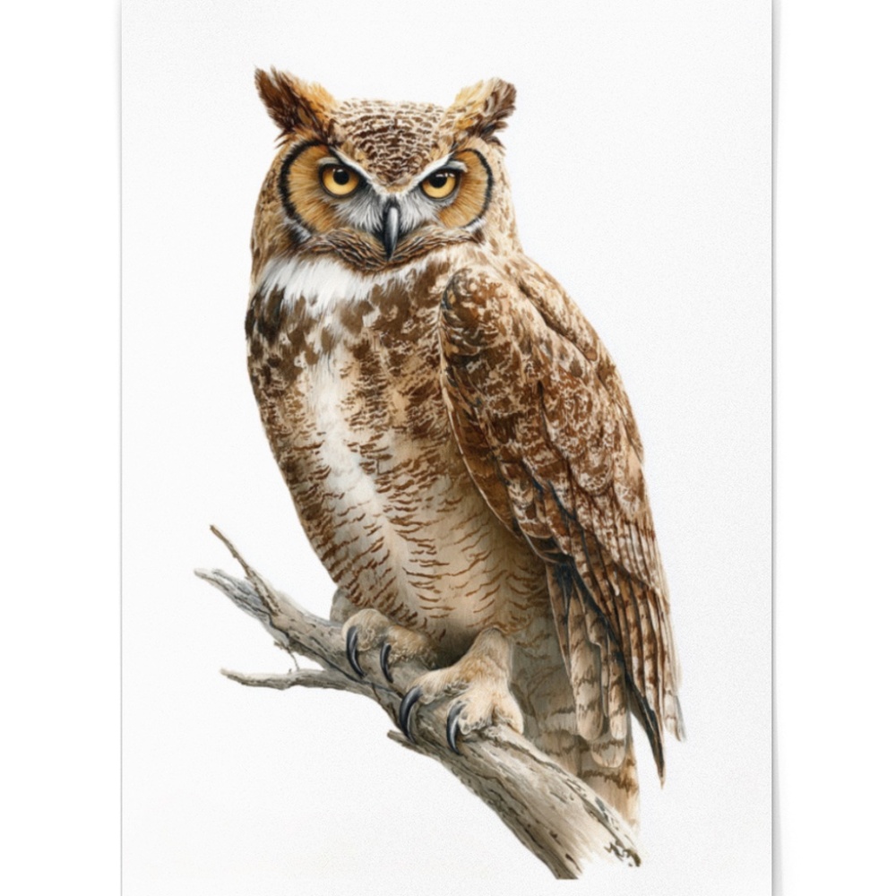 Watercolor Great Horned Owl Portrait Wall Art Print, Unframed - Woodland - Picture 3 of 6